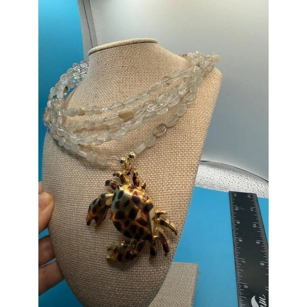 Leopard Print Crab‎ Pendant Multi-Strand Beaded Statement Necklace Gold Tone AB